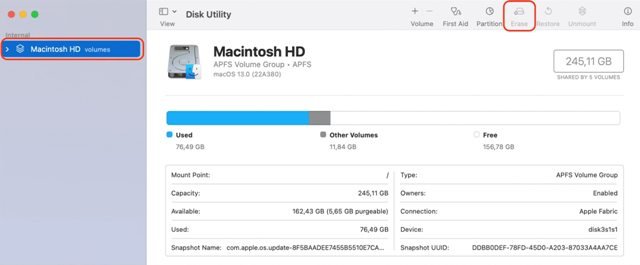 Select Macintosh HD and choose Erase
